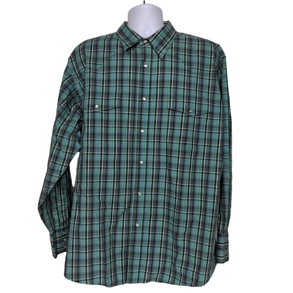 Wrangler Mens Green White Plaid Pearl Snap Western Shirt XXL